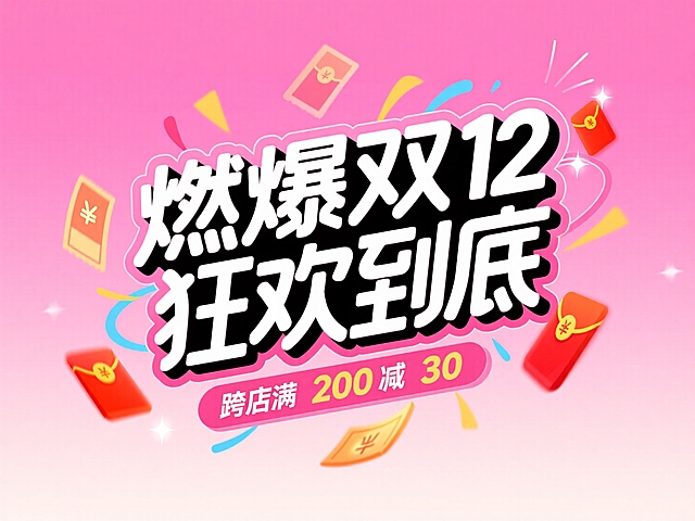 喜庆热烈的双12促销海报，采用扁平风与描边风结合，大字风标题突出“燃爆双12 狂欢到底”，搭配红包元素与几何图形，营造卡通感与波普艺术氛围，粒子风点缀增强动感，传递强烈促销感。