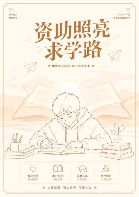 极简线条插画风格，竖构图A3单色海报，画面中心一名学生伏案书写，背景虚化翻开的书本和飞行的纸飞机，整体暖调柔和，干净简约。主题“资助照亮求学路”，主标题文字醒目，用简单线条传递温暖，构图中心突出，排版预览效果