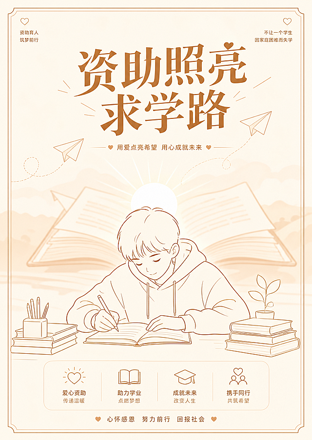 极简线条插画风格，竖构图A3单色海报，画面中心一名学生伏案书写，背景虚化翻开的书本和飞行的纸飞机，整体暖调柔和，干净简约。主题“资助照亮求学路”，主标题文字醒目，用简单线条传递温暖，构图中心突出，排版精致，保留安全边距，整体素雅温暖，兼具教育意义。