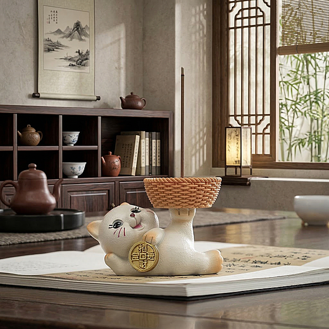 保留前景的猫咪线香插和书本，将背景更换为新中式木质茶室场景，禅意雅致，柔和自然光影，保留产品细节