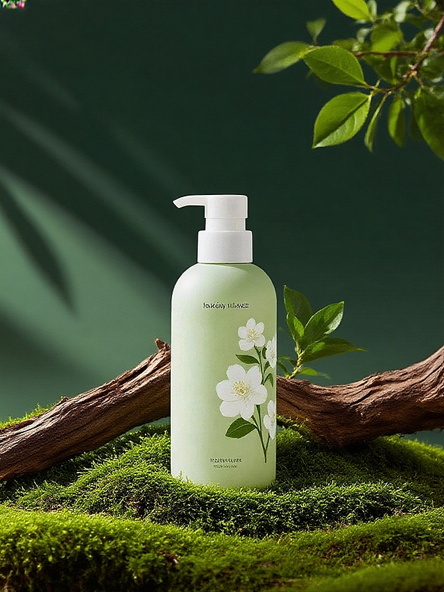 主体放置在覆盖苔藓的地面上，周围有枯木、绿叶、绽放的茉莉花，背景为深绿色，树影