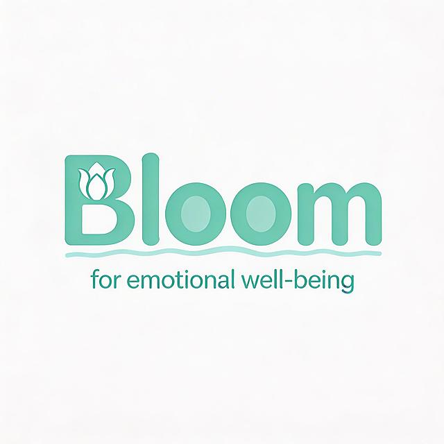文字标识Logo设计，品牌名称"Bloom"，下方有辅助文案"for emotional well-being。这是一个极简现代风格的文字标，采用简洁圆润无衬线的柔和字体。设计要点：大写字母B的两个弧形负空间设计成两片抽象花瓣形状，弧线末端微微展开像花苞；字母o替换为一个极简正圆形小花心，和B的花瓣呼应。整个单词基线带有非常轻微的波浪起伏，不影响阅读。主色使用柔和青绿色，采用单色设计，整体干净现代温暖，带有细微自然生命力，专业有温度的品牌标识，极简几何构建，遵循less is better原则，白底，矢量图。