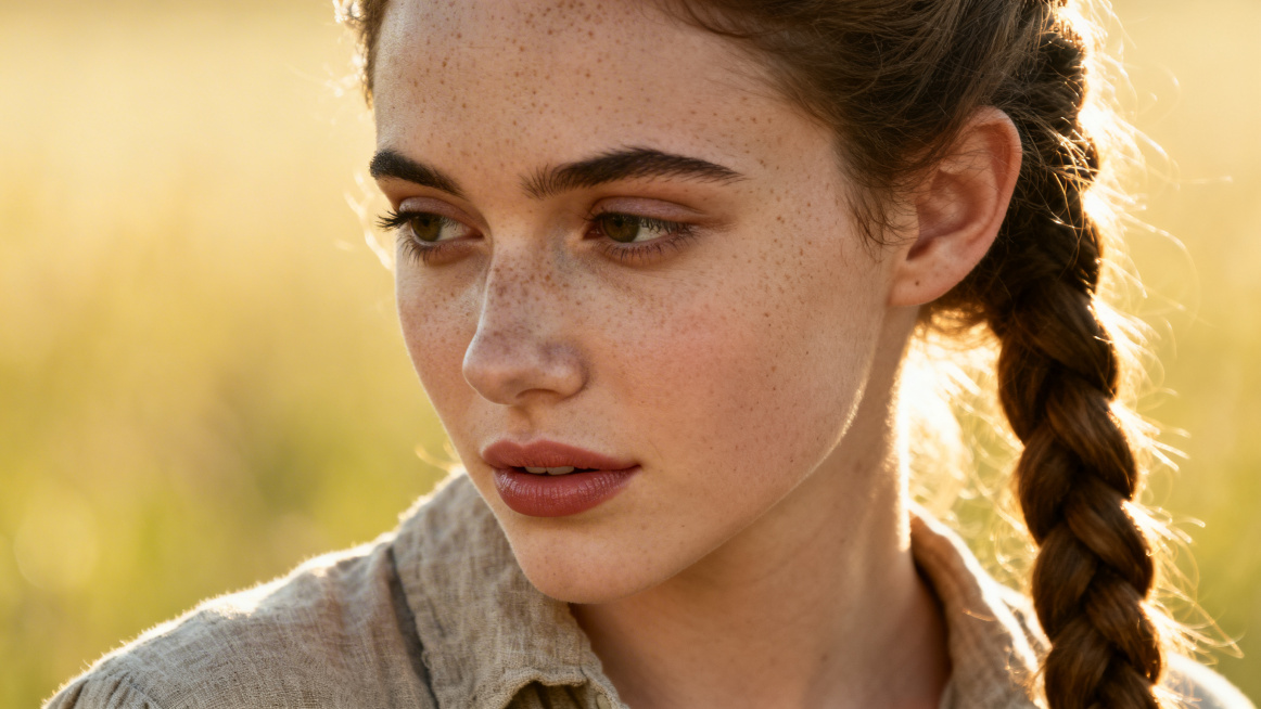 A close-up portrait of a young woman with freckles and braided hair, soft morning sunlight, shallow预览效果