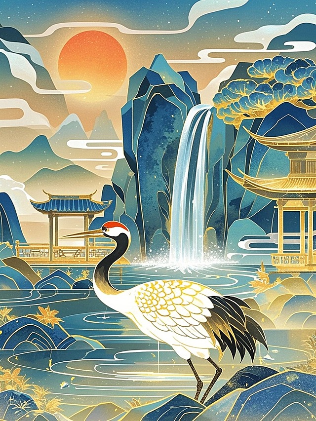 中式山水场景，仙鹤，庭院，瀑布，太阳，大场景