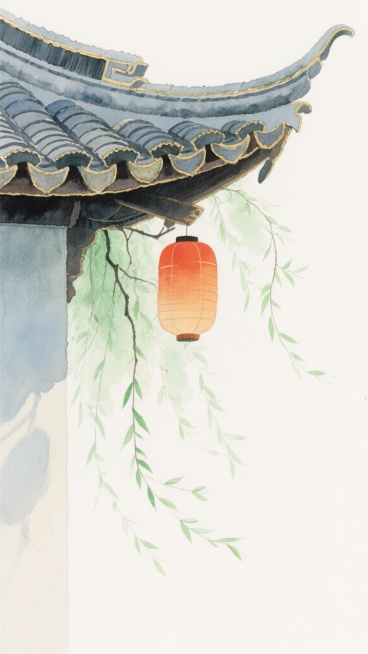 中国传统建筑屋檐水彩插画，青灰色瓦片层层叠叠，飞檐弧度优美，边缘点缀金色线条，垂落的绿色柳枝随风轻摆，叶片呈现水彩特有的透明晕染效果，枝干纤细飘逸，一只橙红色灯笼悬挂于檐下，灯笼表面有柔和的光影渐变，整体画面清新淡雅，留白充足，色彩和谐，营造出宁静悠远的氛围，水彩笔触自然流畅，保留颜料扩散的柔和质感。预览效果