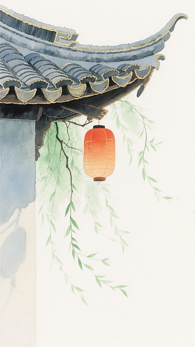 中国传统建筑屋檐水彩插画，青灰色瓦片层层叠叠，飞檐弧度优美，边缘点缀金色线条，垂落的绿色柳枝随风轻摆，叶片呈现水彩特有的透明晕染效果，枝干纤细飘逸，一只橙红色灯笼悬挂于檐下，灯笼表面有柔和的光影渐变，整体画面清新淡雅，留白充足，色彩和谐，营造出宁静悠远的氛围，水彩笔触自然流畅，保留颜料扩散的柔和质感。