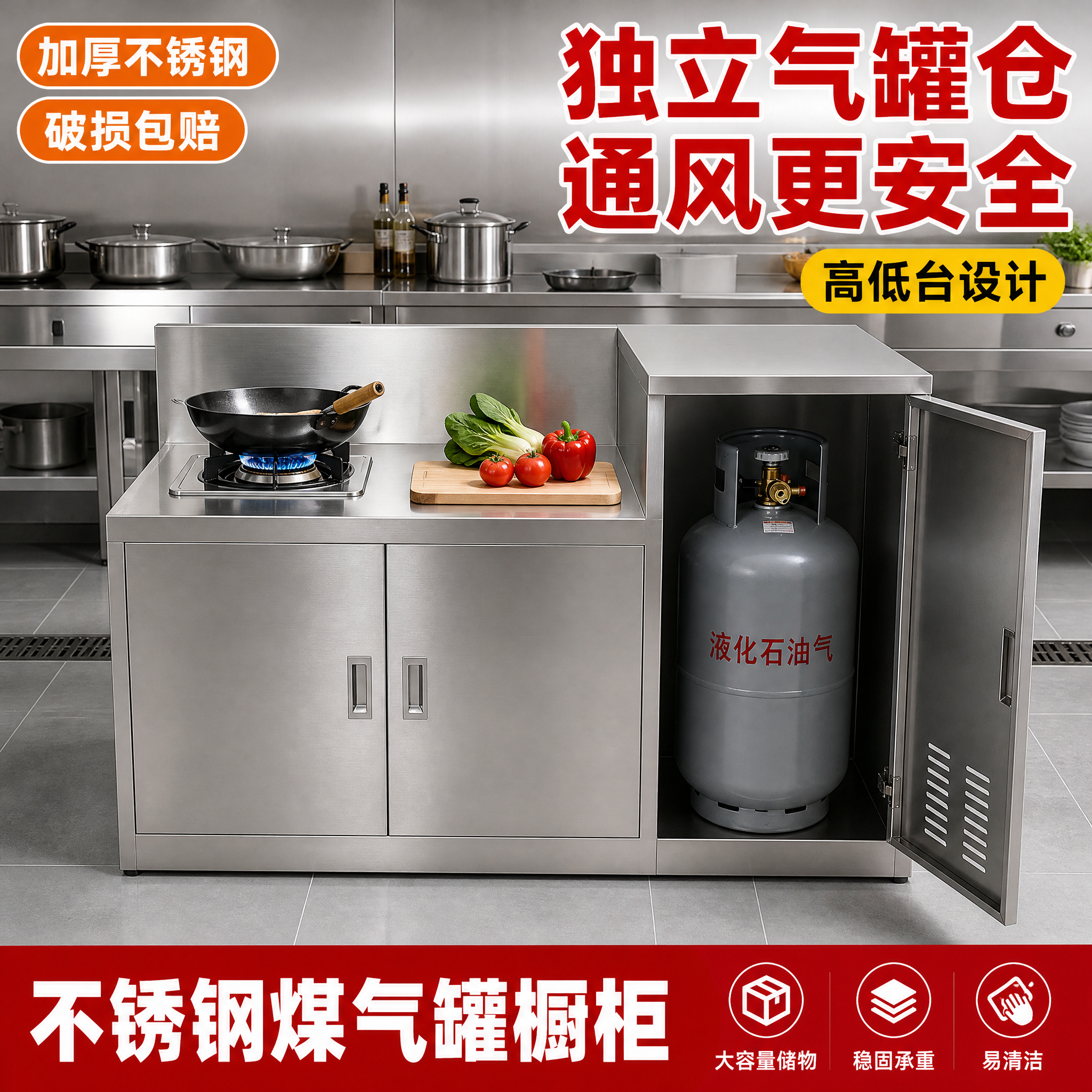 [主图-1] 不锈钢煤气罐橱柜 首图点击率 商用厨房场景 高低… - 图片创意预览