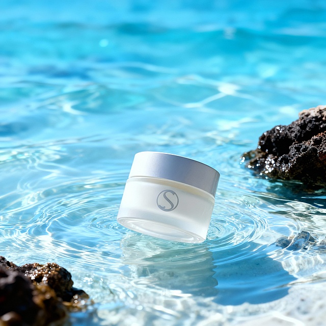 澄澈蓝海水与黑礁石交融，搭配波光粼粼的水面、暖调日光，营造出清新水润又治愈的氛围，尽显护肤品的沁凉舒爽感。