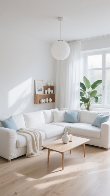 极简主义风格室内场景，以纯白色为主色调，搭配浅木色地板和家具，营造出明亮通透、宁静舒适的氛围。大尺寸白色L形布艺沙发，搭配多个白色和浅蓝色靠垫，沙发上随意搭着浅色针织毯。沙发前是一张浅色木质茶几，上面摆放着简约的白色陶瓷花瓶和蜡烛。房间一侧有一个木质置物架，上面陈列着白色陶瓷器皿和装饰画。落地窗边有大型绿色植物，白色纱帘轻柔垂落，让充足的自然光洒满整个空间。天花板上悬挂着白色球形吊灯，柔和的光……预览效果