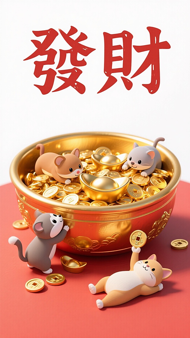 “發財” 半隐在聚宝盆后方（仅露出上半部分字体），盆中堆满发光元宝，四只小动物围在盆口，有的探进盆里扒元宝，有的趴在盆沿，有的在盆底仰卧，手里举着铜钱，彩色 + 金色 + 红色配色，极简上方留白背景