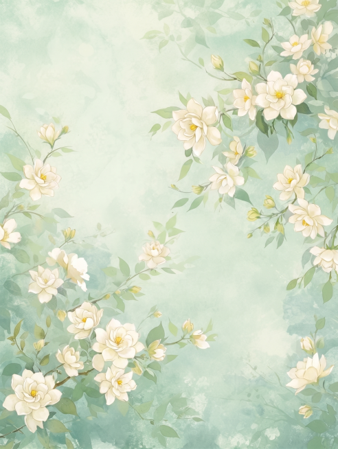将图中所有花朵替换为栀子花，保持整体的浅青绿色水彩背景、绿色枝叶以及构图风格不变，保留原有的清新淡雅氛围预览效果