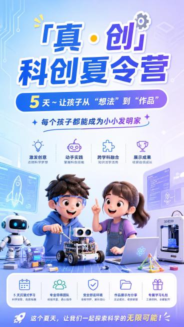[第1屏] 首屏海报封面「真・创」科创夏令营宣传图。科技活力风格，浅蓝到浅紫渐变底色，点缀科技元素。主标题「「真・创」科创夏令营」，副标题「5 天～让孩子从 “想法” 到 “作品”」，标语「每个孩子都预览效果