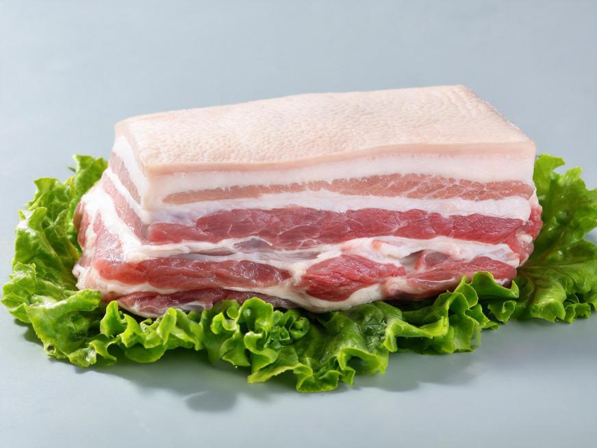单独展示五花肉，新鲜真实感肉质，生菜点缀，生鲜产品高清摄影预览效果