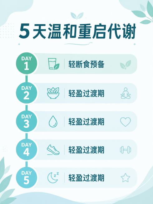 一条扁平信息图分5天的进度条，第一天标注文字"轻断食预备"，第二天至第五天标注文字"轻盈过渡期"，整体标注标题文字"5天温和重启代谢"，蓝绿色调，简洁现代设计风格预览效果