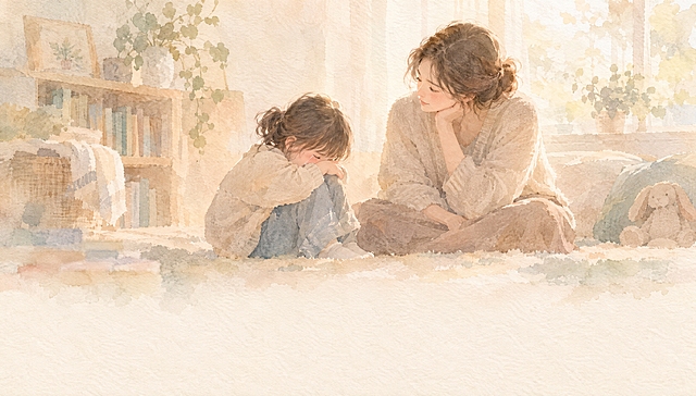 16:9横版公众号封面，莫兰迪水彩插画风格，自带细腻纸张肌理质感，暖调柔光氛围。画面下半部分：一位家长安静地坐在一旁，温柔注视着难过哭泣的孩子，安静陪伴，不急于说教，姿态柔和充满接纳感。笔触松弛朦胧，低饱和度莫兰迪色系，没有强烈明暗对比。画面底部预留头像安全区，留白充足，无任何文字。整体氛围安静治愈，传递接纳情绪、允许孩子哭泣的温暖内核。水彩晕染效果，边缘柔和，画面通透，温暖治愈系插画。