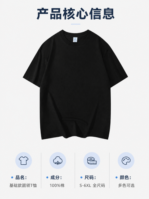 [第5屏] 产品核心信息卡，展示T恤基础参数信息，让用户快速了解产品
[氛围/风格] 简约清爽信息卡设计，蓝灰配色，信息清晰不杂乱，符合年轻审美
[元素布局] 画面分为上下两部分，上部分放完整黑色T恤预览效果