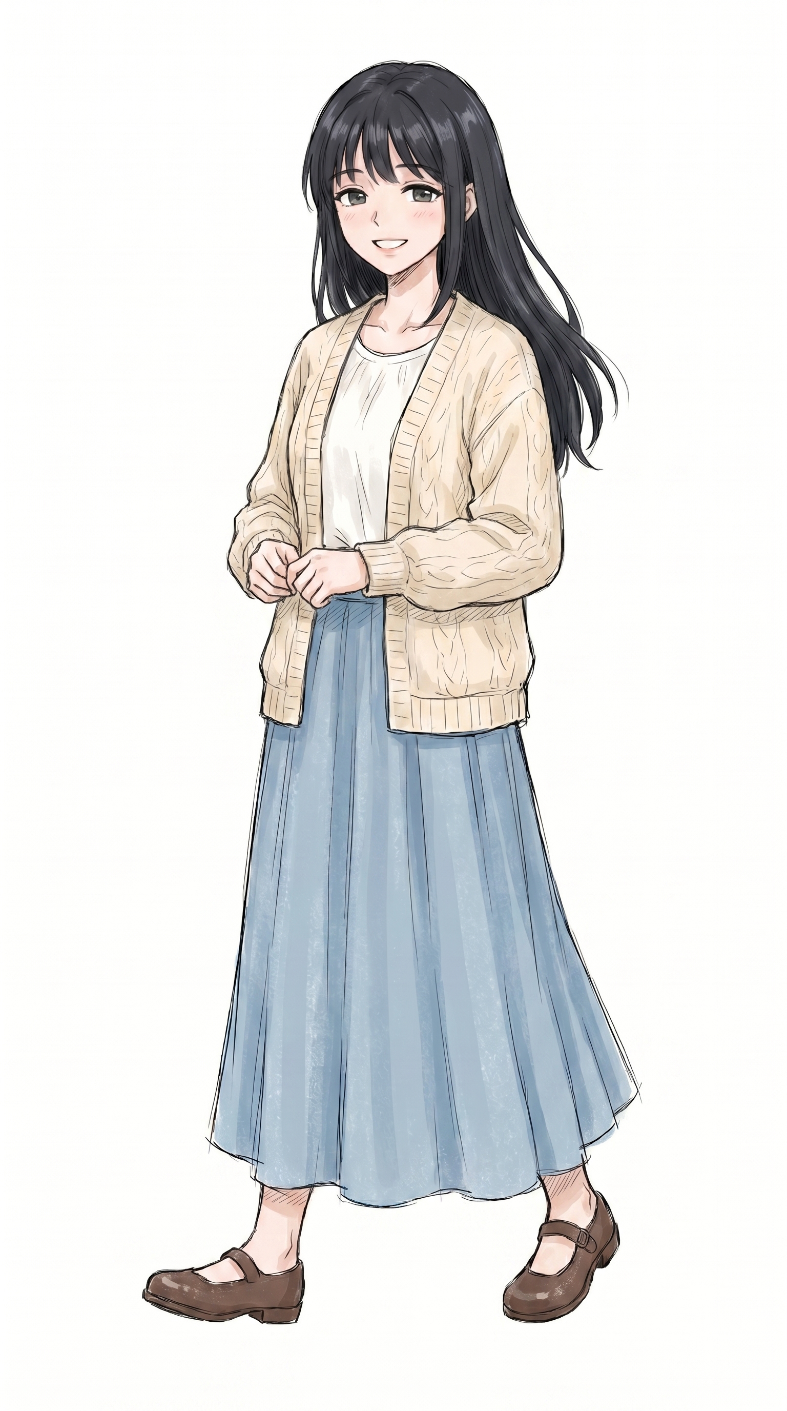 参考原图片的角色形象：黑色长发女生，米白色针织开衫，白色内搭，… - 图片创意预览