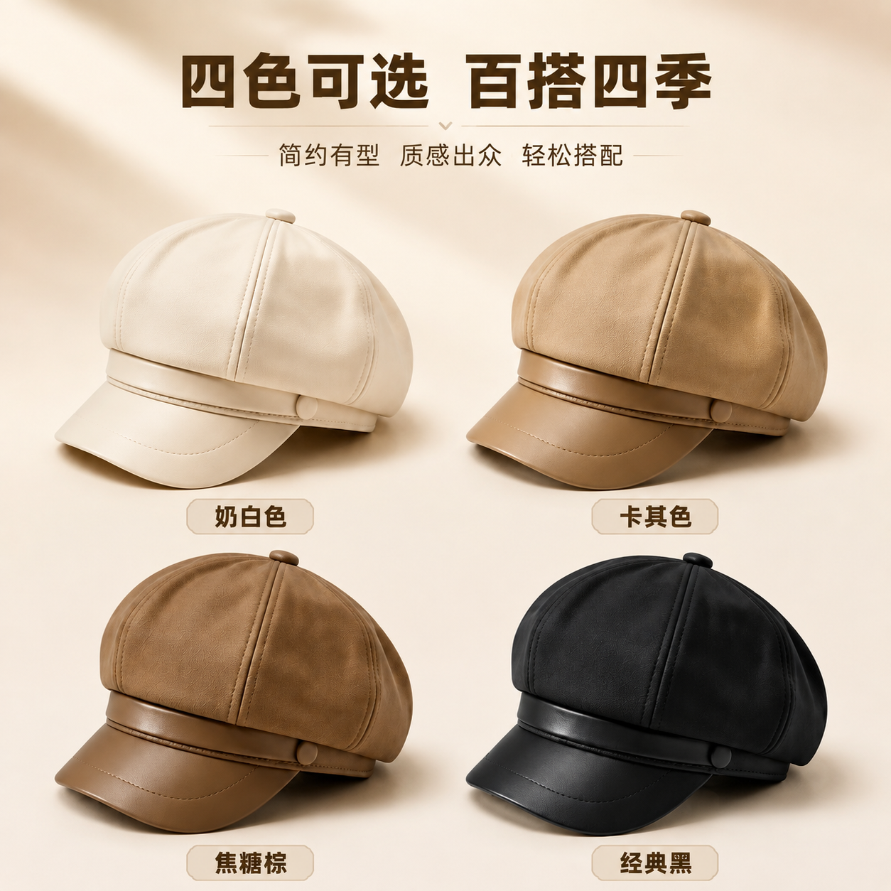 [主图-4] 复古皮质帽檐八角贝雷帽多色款式展示，突出四色可选… - 图片创意预览