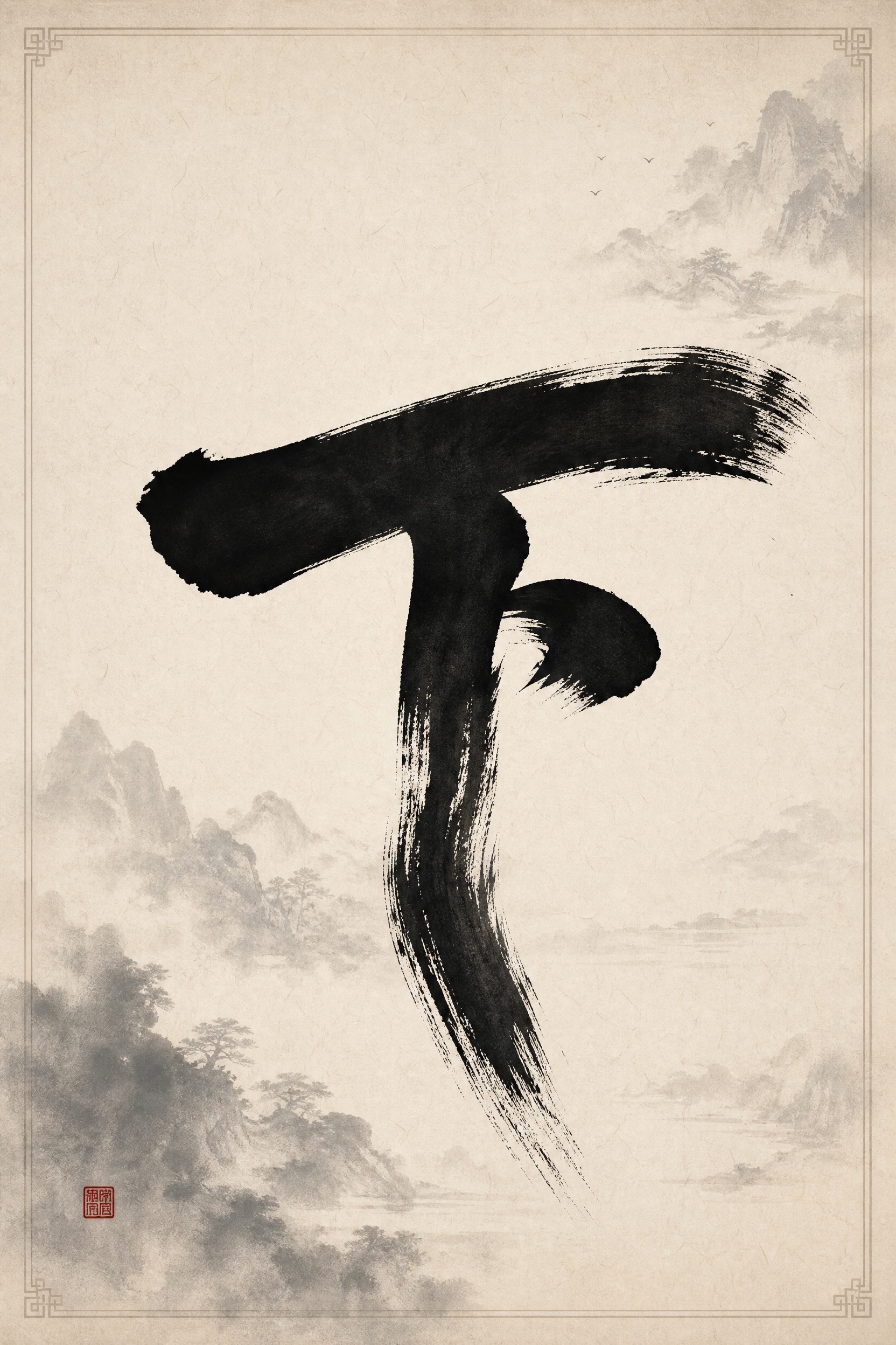大气书法风单字海报，A4竖版，画面中央一个巨大的毛笔书法字「下… - 图片创意预览