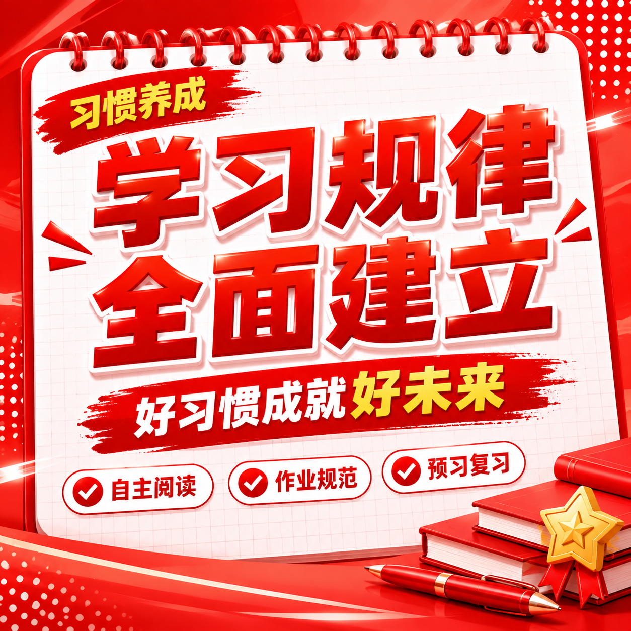 红色商务立体字风格开学季方版海报，红色线圈笔记本构图布局。画面… - 图片创意预览