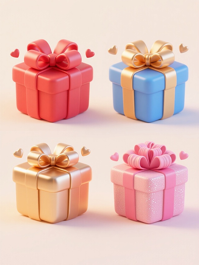4个3D立体风格的礼物盒造型，每个礼物盒拥有独特的配色（如红色系、蓝色系、金色系、粉色系）、不同样式的精致大蝴蝶结（如双层蝴蝶结、缎带蝴蝶结、立体褶皱蝴蝶结）和各异的盒身材质（如磨砂质感、光面烤漆、哑光纹理、带有细微闪光点的材质），均带有圆润边角和柔和高光，周围点缀着小巧的心形装饰。整体以浅色背景衬托，4个礼物盒呈上下两行对齐排列（上行2个，下行2个），间距均匀，营造出欢快、喜庆且充满吸引力的双11促销氛围，画面简洁明快，视觉焦点突出。