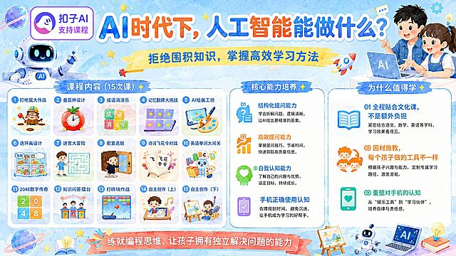 基于原图修改，修正顶部主标题为"AI时代下，人工智能能做什么？"，在问号处加上问号，保持字体风格和原图一致；修改底部红色横幅的文字为"练就编程思维，让孩子拥有独立解决问题的能力"；在海报左上角或者顶部添加醒目标识"扣子AI支持课程"，logo采用参考图的紫粉色圆形扣子AIlogo，保持logo样式和颜色和参考图一致；整体保持原有水彩卡通插画风格不变，所有分区和课程内容、核心能力、为什么值得学这些内容都保持不变，只修改标题、底部文字和添加logo，文字全部清晰可读，风格统一协调