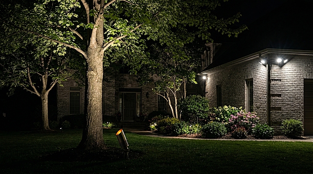 高端相机夜景实拍风格：户外低压射灯（青铜拉丝+金内壁+橙圈）置于春季新叶大树底部附近，距离树干约0.7米，仅轮廓隐现; 射灯光束精准打亮树干中段与树冠下部，**严格不照射草坪**；背景为完全天黑夜晚，美式宽灰色砖砌别墅前院，墙面纹理与前序图一致，建筑一角呈自然广角透视；树木杂乱近屋；埋地灯仅局部照亮灌木花丛，其他射灯照邻近树干，别墅墙角有二盏泛光灯+二盏射灯。画面具专业质感：高动态范围、暗部细节丰富、无AI感, 符合阿里国际站主图规范。