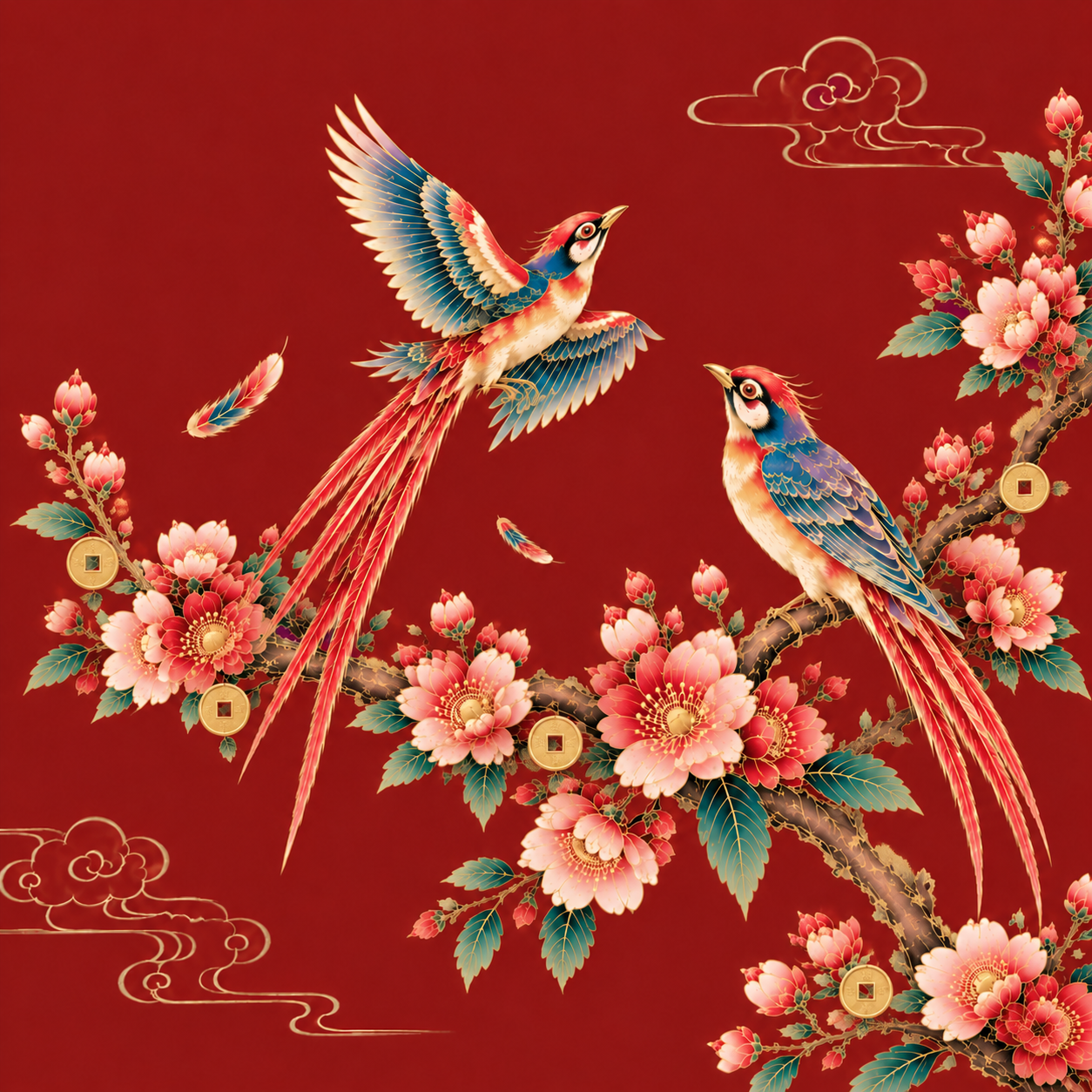 基于参考图修改：将铜钱设计为自然生长在树枝上的形态，铜钱通过细… - 图片创意预览