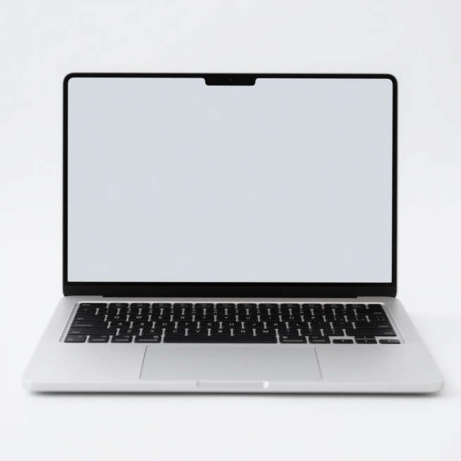 极简风格笔记本电脑正面视图，银白色金属机身，黑色边框屏幕，黑色孤岛式键盘，触摸板居中，屏幕为浅灰色纯色显示，白色背景，高清晰度，光滑表面质感，无任何品牌标识和文字信息，简约现代设计，侧边框窄，整体线条流畅，光影柔和，无阴影，电子产品官方宣传图风格，保持极简主义的设计感和简洁的视觉语言。预览效果