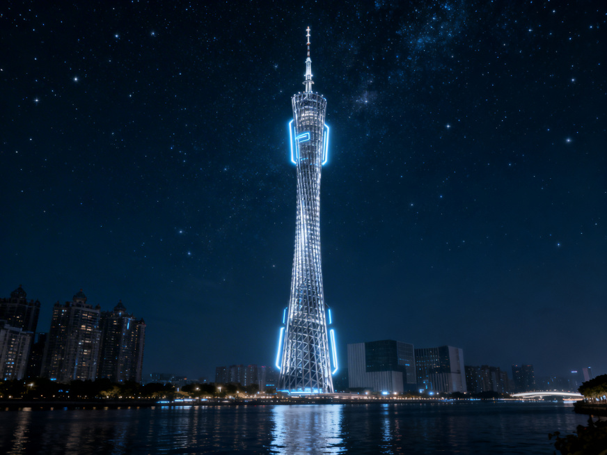 超写实CGI，广州塔（小蛮腰）为主体矗立在珠江水面，夜空繁星闪烁，镜头展示广州塔正面全身，广州塔边缘带有发光科技感灯光，科技感拉满，赛博未来风，8K超高清，电影级光影，景深效果，细节丰富，主色调为深邃预览效果