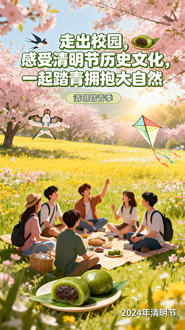清明节踏青主题海报，画面展现春日漫山遍野的花海，年轻学生们在草地上野餐放风筝，融入青团、纸鸢等清明节传统元素，配文走出校园，感受清明节历史文化，一起踏青拥抱大自然，整体风格明快活泼春意盎然。