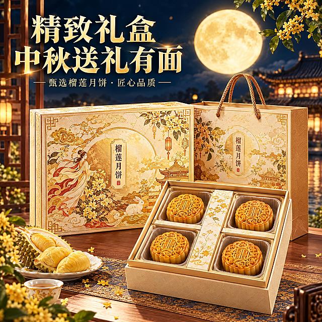 参考图中的月饼礼盒产品，保留礼盒的精致国风设计，画面主体为精美的榴莲月饼中秋礼盒，礼盒设计高端大气，带有烫金国风纹样和中秋元素（嫦娥、玉兔、圆月、桂花），礼盒打开露出里面整齐摆放的榴莲月饼，旁边搭配手提礼袋，背景为中秋月夜的雅致场景，有古建筑和圆月，画面上方有醒目大字文案“精致礼盒，中秋送礼有面”，整体画面高端大气，突出送礼档次，商业产品摄影质感，高清细腻