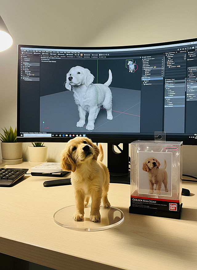 将这个图片制作成一个商业化1/7比例手办，风格写实，环境逼真。手办放置在电脑桌上，配有一个圆形透明亚克力底座，底座上没有文字。电脑屏幕上显示着手办的Zbrush建模过程。电脑屏幕旁边是一个万代风格的透明玩具盒，上面印有原始画作。