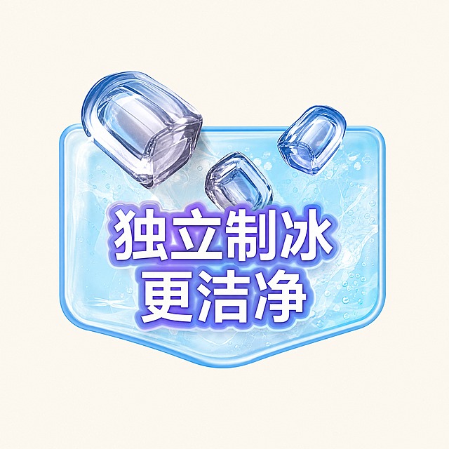 Extract only the ice cube icon sticker that says '独立制冰 更洁净' from the reference image. Isolate this single sticker completely, remove the refrigerator and all other elements. Place it on a solid uniform light beige (#F5F0E8) background. The sticker shows two transparent ice cubes with blue tint and a purple-blue label below reading '独立制冰 更洁净' in white text. Clean edges, no distortion, high detail.