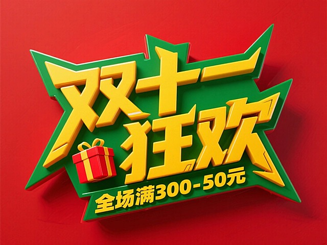 3D尖锐的字体设计，黄色“双十一 狂欢”+绿色“全场满300-50元”，红色礼盒嵌入在文字里，双层字效结构。红色背景