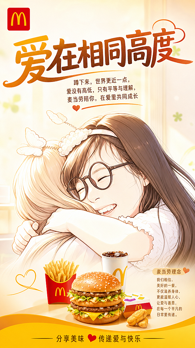 基于这张好友亲密拥抱的特写插画，制作麦当劳商业广告海报，添加主标题"爱在相同高度"，搭配麦当劳品牌文案："蹲下来，世界更近一点，爱没有高低，只有平等与理解，麦当劳陪你，在爱里共同成长"，右下角添加品牌理念文字，底部添加标语和麦当劳产品，左上角添加麦当劳logo，整体采用居中构图，排版有层次感，保留原图好友温暖拥抱特写插画，9:16竖版，暖色调温馨插画商业风格