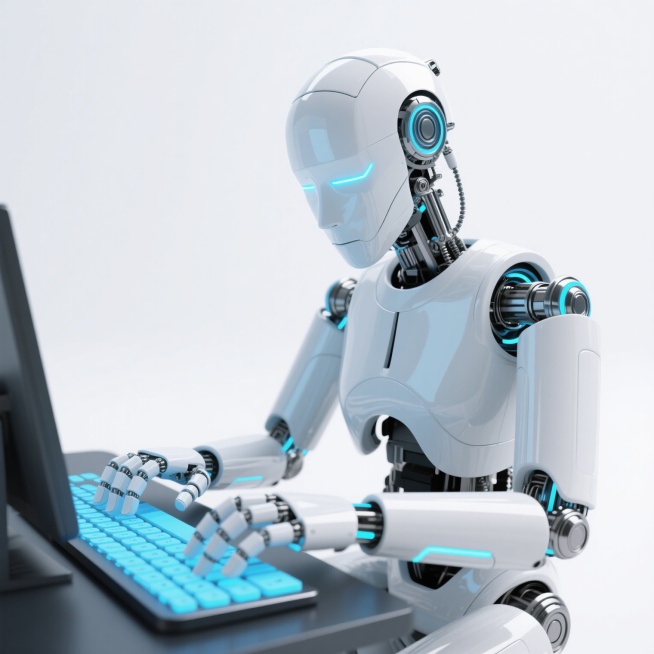 一个高度写实的白色机器人，正专注地坐在键盘前，双手在带有蓝色背光的键盘上快速敲击。机器人拥有光滑的白色外壳，关节处有精密的机械结构和蓝色的发光元素点缀，头部设计简洁，面部有蓝色的发光线条，整体呈现出未来科技感。画面采用3D渲染技术，光影效果细腻，机器人的金属质感和高光表现突出，背景为纯白色，使主体更加鲜明。预览效果