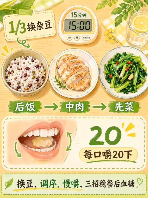 明亮餐桌俯拍，一碗杂粮饭（白米+红豆绿豆）标注文字"1/3换杂豆"。一盘炒青菜、一份鸡胸肉、杂粮饭按顺序排列，箭头标注文字"先菜→中肉→后饭"。一个嘴巴特写，旁边有数字"20"和牙齿咀嚼弧线，标注文字预览效果