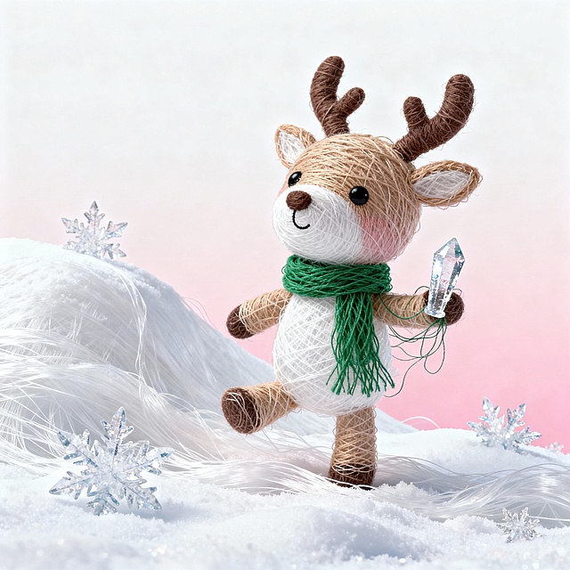 毛发生长风与软3D结合，萌趣鹿形玩偶穿梭雪境，手持晶石，绿围巾飘逸，梦幻温馨的圣诞氛围。