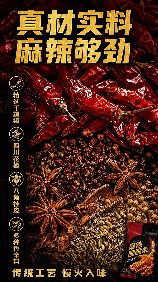 [第4张] 原料成分展示-辣椒香辛料原料微距特写页。本张为原料专张，不使用产品图作为主视觉。
[氛围/风格] 重色系食材微距风，深暗背景，商业美食摄影质感，原料真实饱满。
[元素布局] 画面上半部分大面积铺满干红辣椒，占画面约50%，辣椒纹理清晰、色泽红亮；下半部分散落八角、花椒、孜然等香辛料；右下角小图露出一小包脆脆条包装作辅助；原料颗粒大且清晰，主视觉合计占比≥60%。
[光影质感] 侧逆光勾勒辣椒轮廓，表面有油润高光，暗部深邃，突出食材质感和重色系氛围。
[配色色系] 全局底色 #1F0D05 近黑深棕；主色辣椒深红 #B81C0C；辅助色金黄香料色。
[视角构图] 俯视微距角度，原料铺满画面，阅读动线从上方大标题 → 中部原料 → 下方成分说明。
[文字版式] 顶部大标题「真材实料 麻辣够劲」；中部左侧竖排原料标签「精选干辣椒」「四川花椒」「八角桂皮」「多种香辛料」；底部小字说明「传统工艺 慢火入味」；文字为金黄色，粗黑体。
[比例分辨率] 9:16竖版比例，4K分辨率，文字清晰可辨。
[负向提示词] 原料不真实，颜色暗淡，水印，文字模糊，背景杂乱。