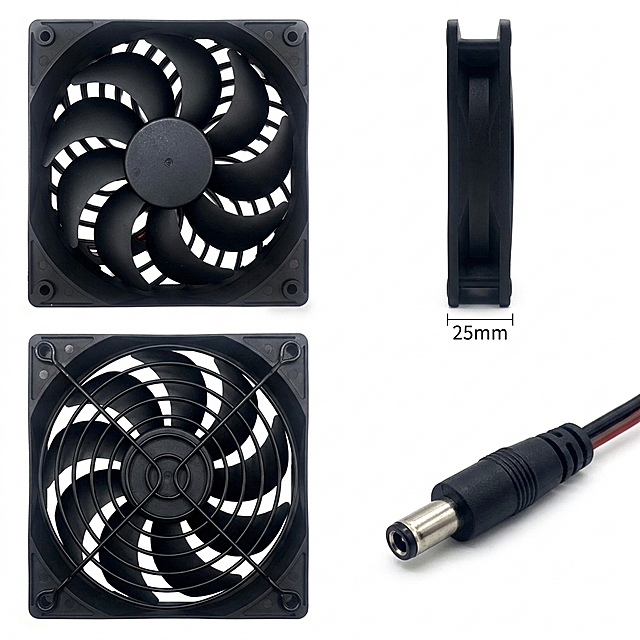 [主图 1] Multi-angle detail display of a 120mm DC cooling fan. The image must show the fan's front, side (highlight 25mm thickness), rear protective grille, and a close-up of the DC 5.5×2.1mm male plug all on the same canvas. Background is pure white (RGB 255,255,255), the product overall accounts for 85% of the frame. Keep the fan's appearance (including physical structure, material texture, color) 100% consistent with the reference image, no deformation or color difference, fine processing. The picture is clean, product-focused, commercial photography texture, 8K high definition, no watermark, no promotional text, realistic light and shadow. No Chinese characters allowed, comply with Amazon UK station requirements. [氛围风格] clean, professional, product focused; [画质] commercial photography texture, realistic light and shadow, product clear sharp, high definition, no watermark. [光影] soft main light from top left, fill light on right side, natural shadow, highlights texture; [配色] pure white background, product matte black; [视角构图] multiple areas tiled clearly, product centered, each detail properly proportioned, full screen no border; [比例分辨率] 1:1 1600×1600px, 8K ultra high definition; [负向提示词] deformation, watermark, text confusion, product blur, cluttered background, Chinese characters, promotional text
