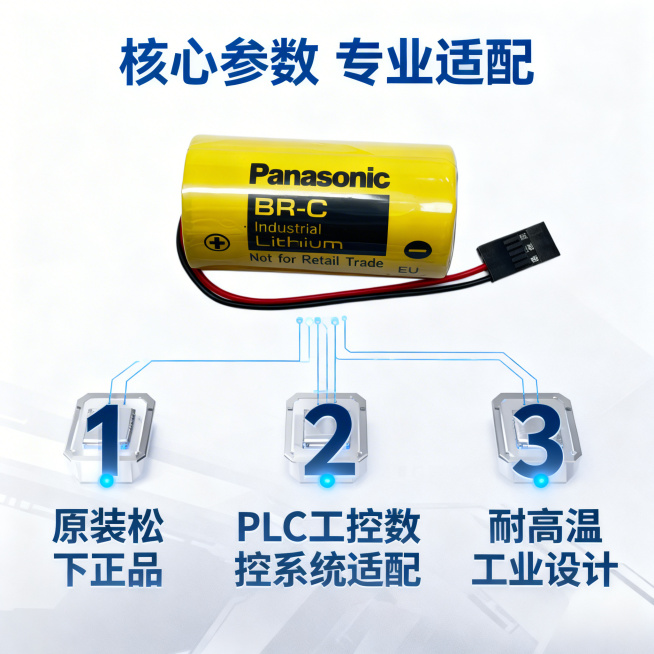 [主图 2 核心卖点] 主图主题：BR-C电池核心性能卖点展示；氛围风格：专业3C科技风，清晰锐利质感；画面元素：保持BR-C电池外观与原图一致，电池放置画面偏上位置，下方用极细蓝色科技引线连接三个核预览效果