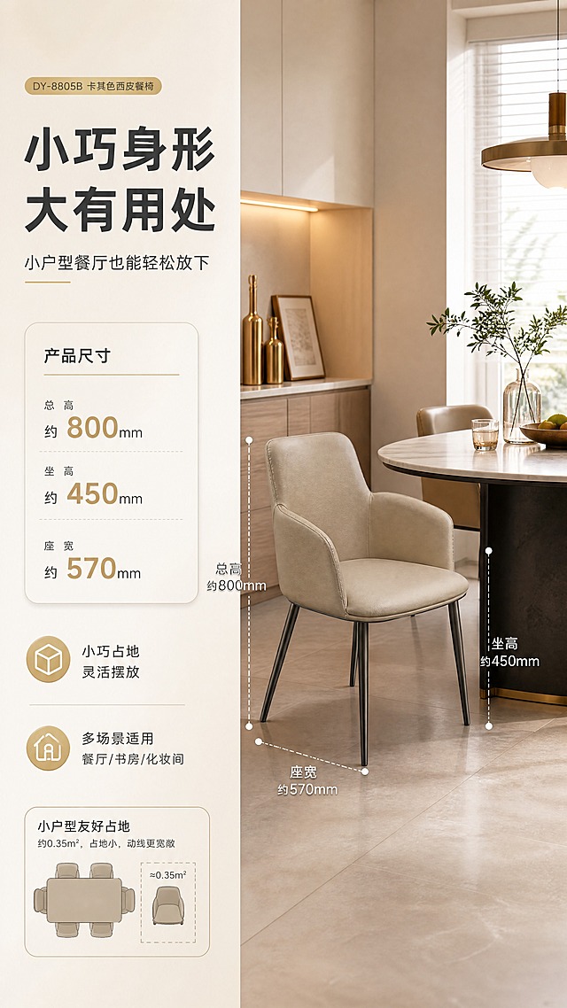[商品] 使用【图1】DY-8805B卡其色西皮餐椅；保留产品整体结构、颜色和比例；产品自然融入餐厅场景。
[画面] 目标：空间尺度页，展示尺寸与小户型适配性。左文右图构图，左侧约2/5文案+尺寸标注区，右侧约3/5餐厅场景图。产品置于餐桌旁，占画面约45%，正侧视角度。画面用虚线标注总高、坐高、座宽等关键尺寸。背景为小户型餐厅场景，展示餐椅与餐桌的空间比例关系，体现不占空间、灵活摆放。
[视觉] 套系策略：风格=现代轻奢亮调家居商业摄影；标题字=现代无衬线粗体；正文字=简洁无衬线体；主色=米白+浅卡其；背景延展=基于米白卡其做深浅层级、同色渐变和细腻哑光质感；强调色=香槟金，仅用于小面积图标、引线、标签和金属装饰；标题色=深炭灰；正文色=中暖灰；组件=圆角浅底信息卡、细线引线、香槟金icon；光影=左前侧暖柔自然光，柔和阴影。
[文字] 左侧主标题"小巧身形 大有用处"，副标题"小户型餐厅也能轻松放下"。关键尺寸标注：总高约800mm、坐高约450mm、座宽约570mm。配2个空间卖点：「小巧占地 灵活摆放」「多场景适用 餐厅/书房/化妆间」。文字横向排版，引线清晰标注尺寸。
[规格] 图片比例9:16竖版，4K，负向提示：避免变形、错字、文字过小、冷蓝背景、产品颜色改变、尺寸标注错误。
