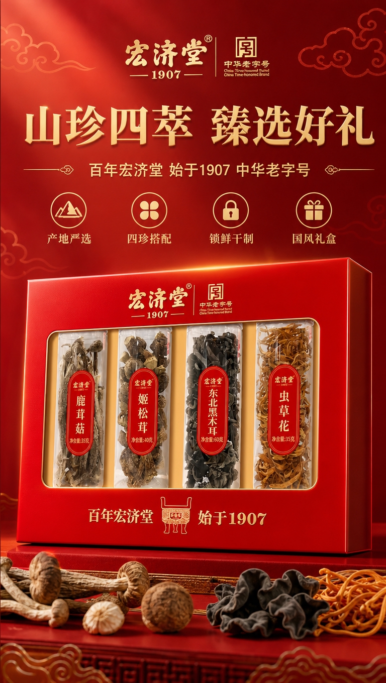 [商品] 使用【图1】宏济堂·山珍四萃礼盒；保留红色国风礼盒外… - 图片创意预览