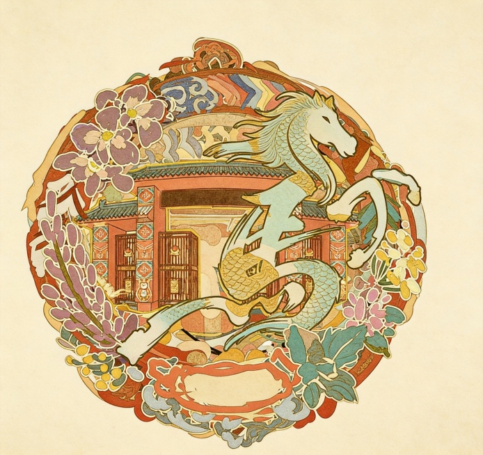 根据草稿补充完整画面，保持原有构图和元素，改为平面慕夏风格，画面包含龙马、中式建筑和环绕花卉装饰，圆形构图，线条流畅，色彩华丽复古，慕夏插画风格预览效果