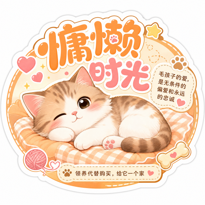 设计一款领养宠物宣传贴纸，画面中心放置一只可爱的卡通猫咪，边缘做异形抠图处理，和整体椭圆形贴纸轮廓自然融合。主标题使用醒目圆润活泼的大字，情感化文案“慵懒时光”，暖色调配色，主标题侧边搭配小号细字体补预览效果