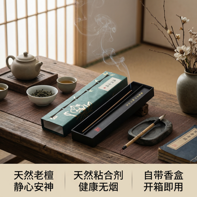 [主图 5] 整套产品场景展示总结
[氛围风格] 禅修生活场景，静谧雅致风格。
[画面元素] 商业摄影质感、光线柔和通透、产品清晰真实、画面干净高级。产品放置在禅意茶空间场景中，香盒打开，线香点燃轻烟预览效果