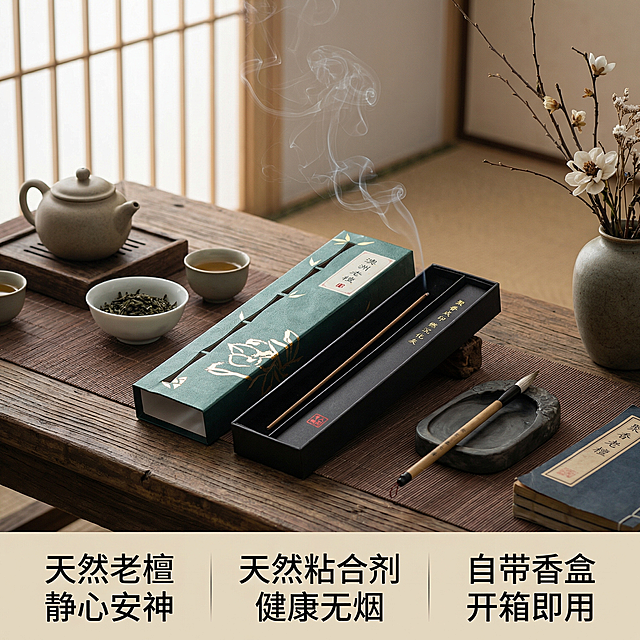 [主图 5] 整套产品场景展示总结
[氛围风格] 禅修生活场景，静谧雅致风格。
[画面元素] 商业摄影质感、光线柔和通透、产品清晰真实、画面干净高级。产品放置在禅意茶空间场景中，香盒打开，线香点燃轻烟，搭配茶席和文人雅玩，整体布局和谐舒展，保持原产品外观不变，营造日常禅修品茶焚香的美好生活场景。
[配色色系] 主色调：墨绿色，原木色，深灰色；辅助色：米白色，浅棕色，整体低饱和度配色。
[视角构图] 斜侧俯视构图，场景完整，产品主体突出。
[文字版式] 底部三列横排，每列展示一个核心卖点："天然老檀 静心安神" "天然粘合剂 健康无烟" "自带香盒 开箱即用"，深灰色文字配浅底色块，整洁清晰不遮挡主体，顶部留产品展示区域。
[比例分辨率] 1:1 比例，2k 分辨率；文字清晰可辨，超高清。
[负向提示词] 变形，水印，文字错乱，产品图模糊，背景杂乱，颜色刺眼，遮挡主体