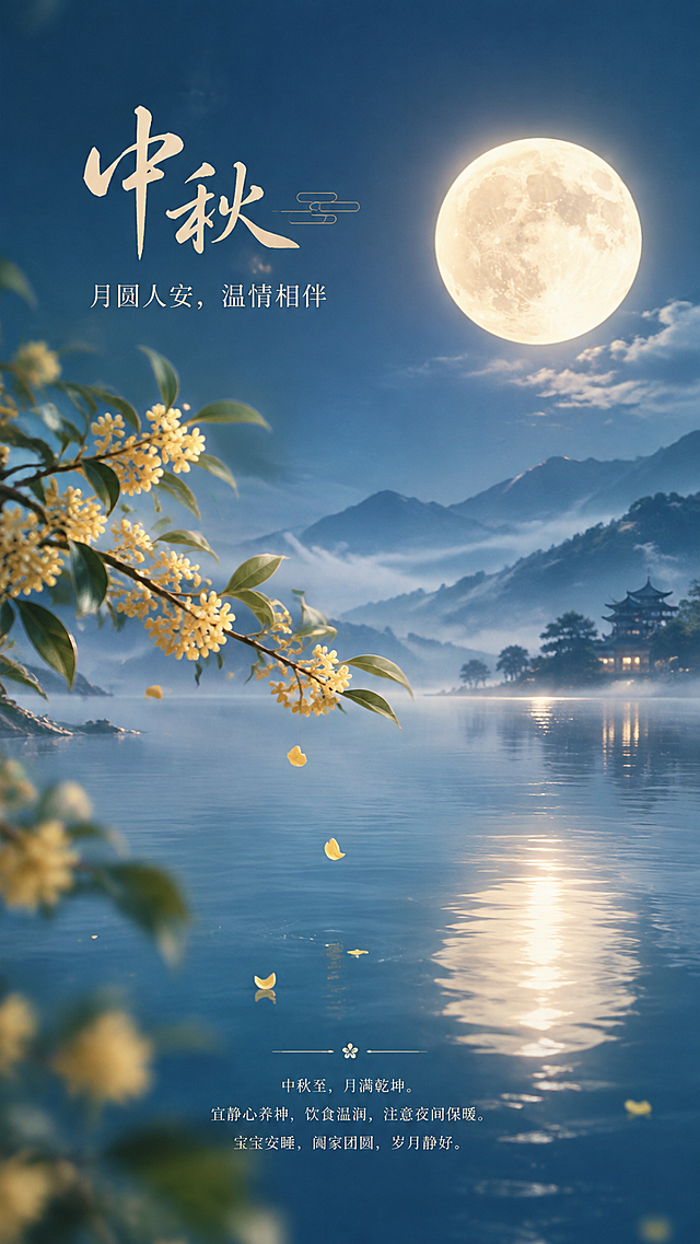 中秋节意境海报，产康中心主题，舒展宁静风格。画面主体：中秋月夜柔和景色，一轮皎洁圆满的明月悬于深蓝色夜空，月光如水倾泻，下方有淡雅的桂花枝桠轻轻舒展，几朵桂花飘落，远处有朦胧的山峦剪影和淡淡的云雾，整体氛围温润、祥和、治愈，适合母婴产康行业的温柔感。文字排版简洁不杂乱，文字占比小：主标题"中秋"两个字用优雅的书法字体，放在画面上方偏左位置；副标题"月圆人安，温情相伴"用小号衬线字体在主标题下方；正文"中秋至，月满乾坤。宜静心养神，饮食温润，注意夜间保暖。宝宝安睡，阖家团圆，岁月静好。"放在画面底部，字号较小，排版疏朗。整体画面留白充足，意境悠远，适合朋友圈转发。9:16竖版构图。