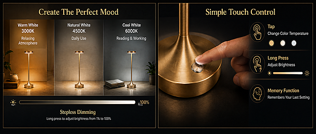 提取第三张内容，分为左右两部分：左侧Create The Perfect Mood三色温展示（Warm White 3000K、Natural White 4500K、Cool White 6000K），右侧Simple Touch Control触控功能介绍，保持原黑金高端风格，原文字内容完整保留